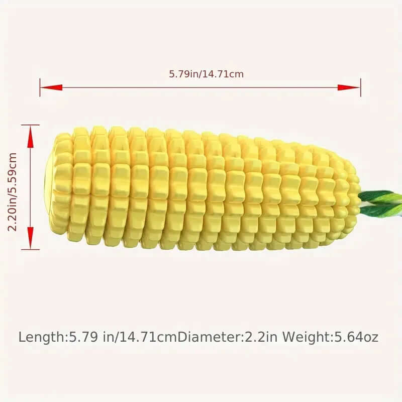 Corn-shaped toy with measurements on a white background