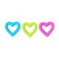 Three heart-shaped objects in blue, green, and pink on a white background