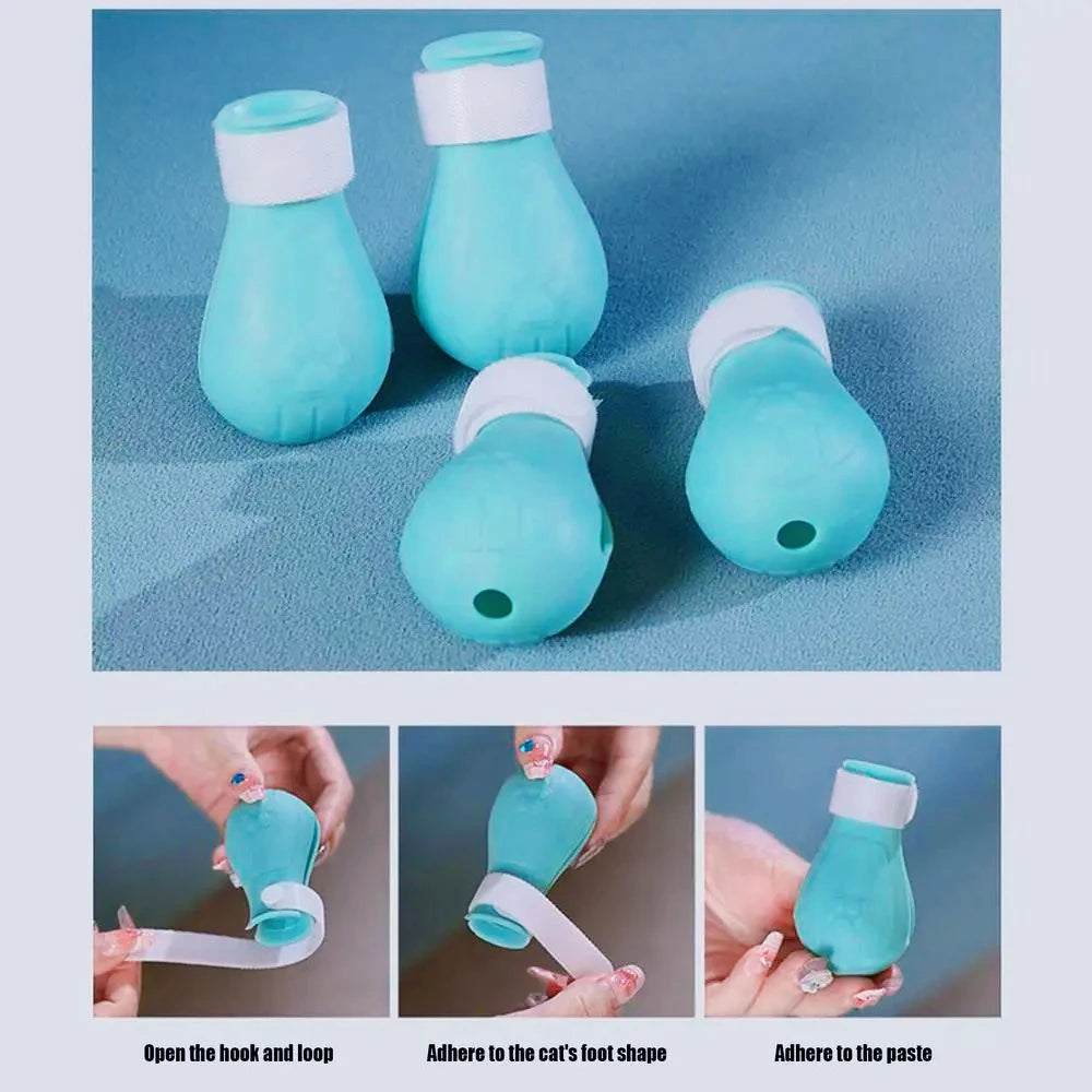 Blue pet grooming tool with instructions on a blue background