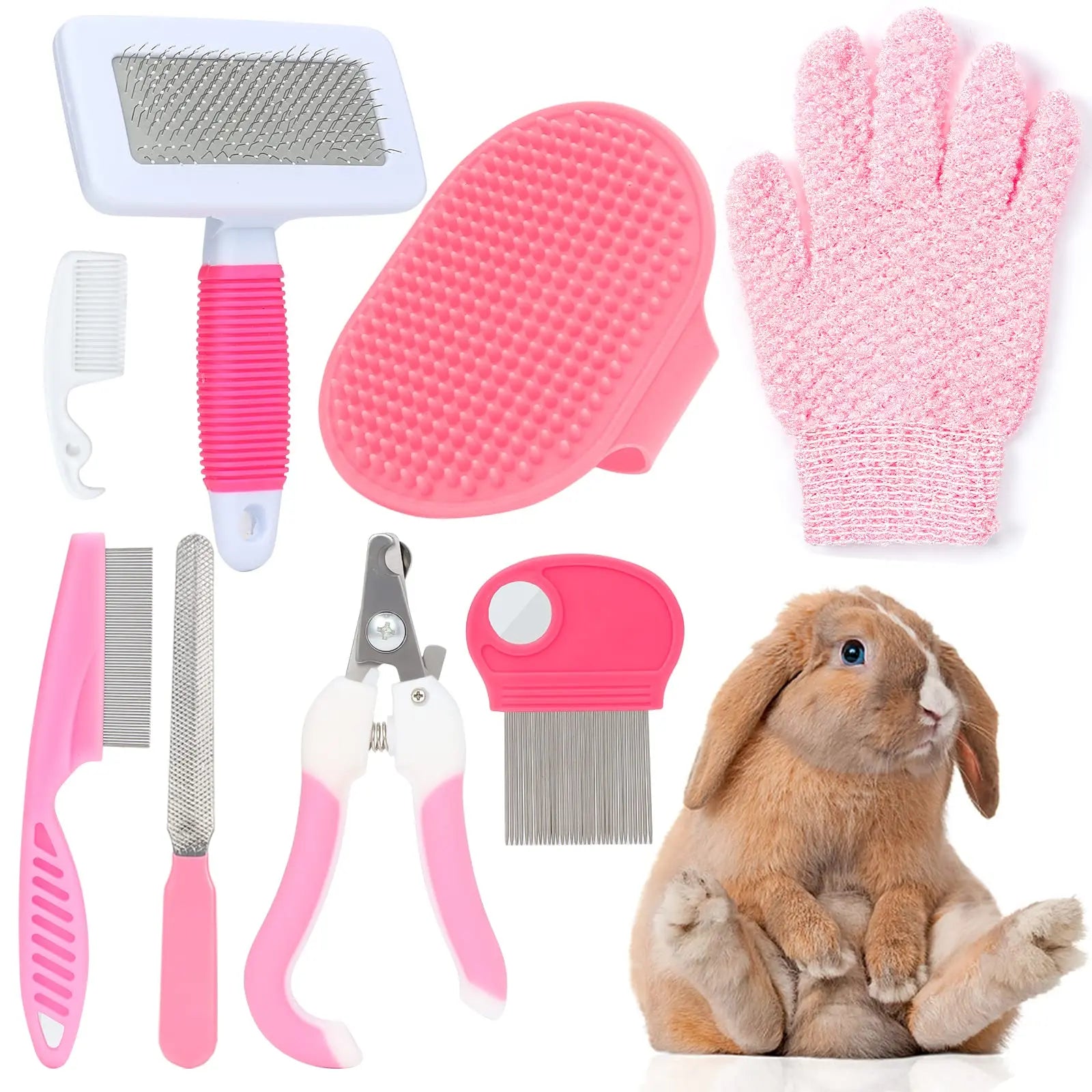 Set of pet grooming tools including brushes, a comb, and a glove with a rabbit sitting next to them on a white background.