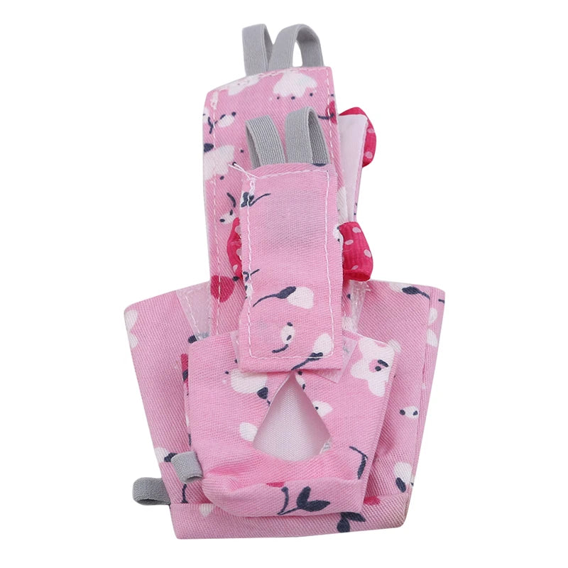 Pink baby carrier with cartoon designs on a white background