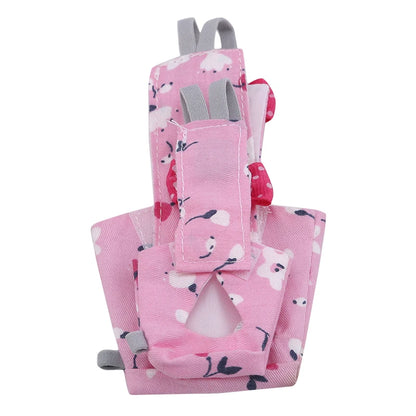 Pink baby carrier with cartoon designs on a white background