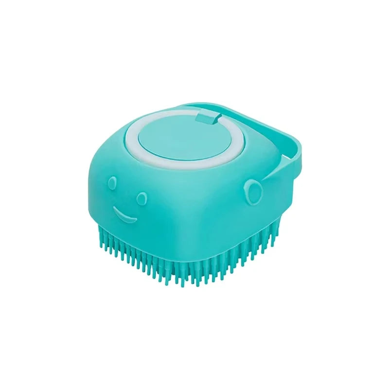 Turquoise grooming brush with a smiley face on a white background