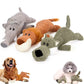 Collection of crocheted dog toys shaped like various animals on a white background.