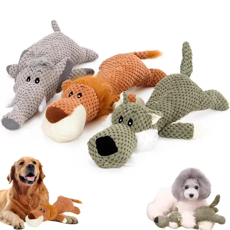 Collection of crocheted dog toys shaped like various animals on a white background.