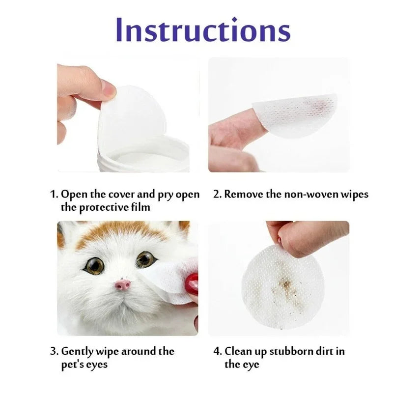 Instructions for using pet eye wipes with images and text on a white background