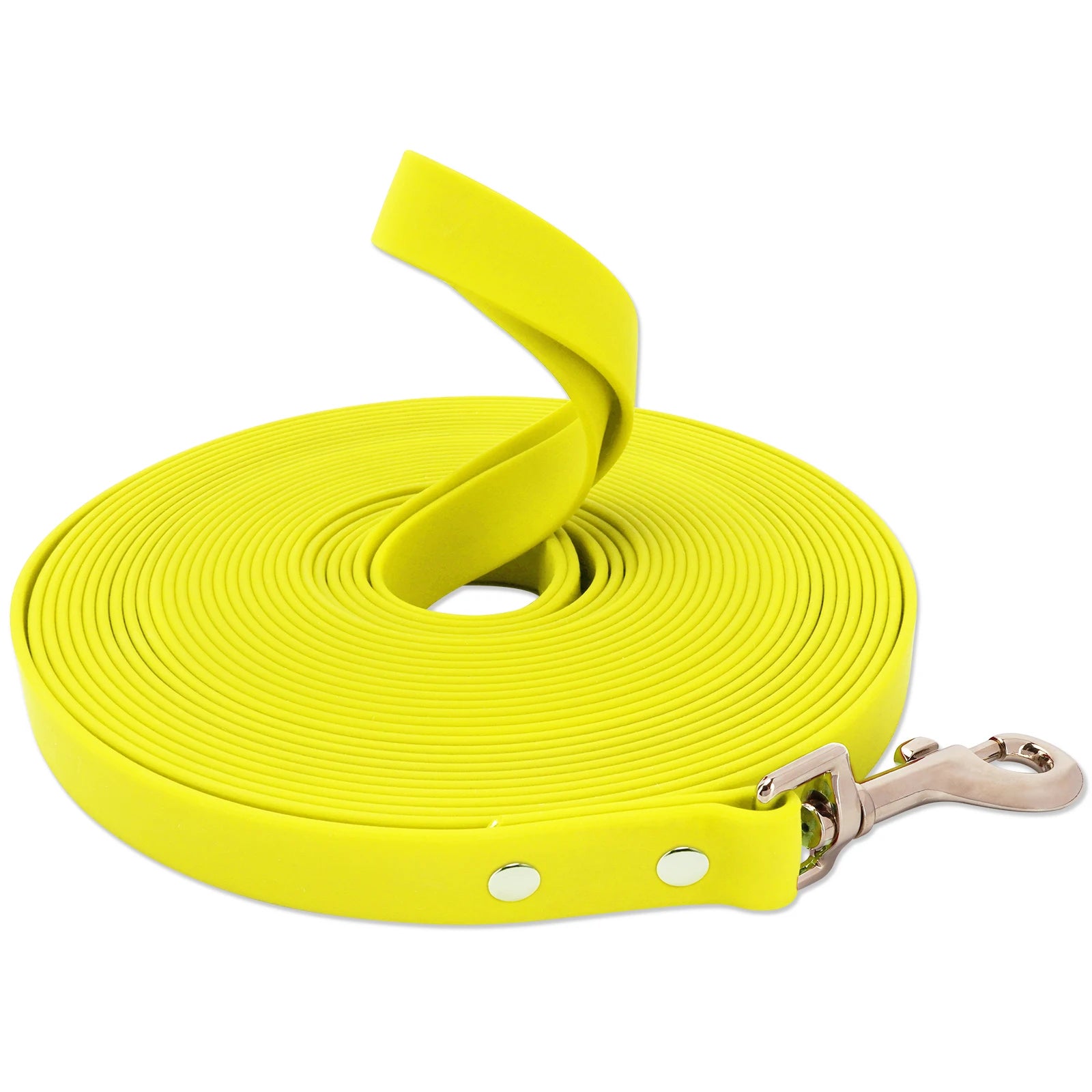 Yellow dog leash with a metal clip on a white background