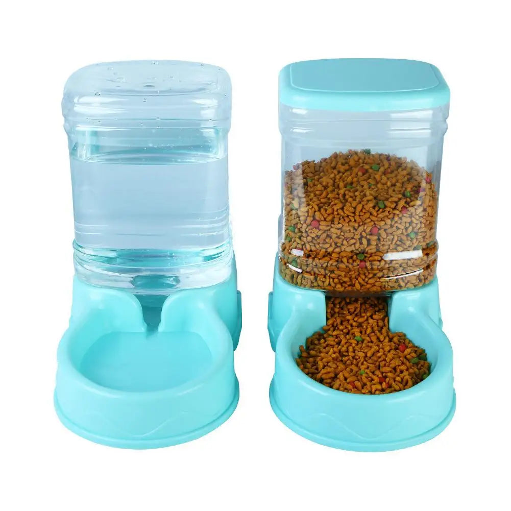 Pet water bottle and food dispenser set on a white background