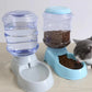 Pet water bottle and food dispenser with a cat eating from the feeder.