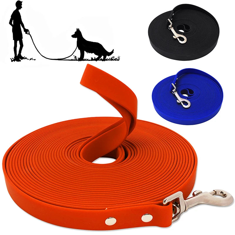 Orange dog leash with metal clip, black leash with metal clip, and blue leash with metal clip on a white background.