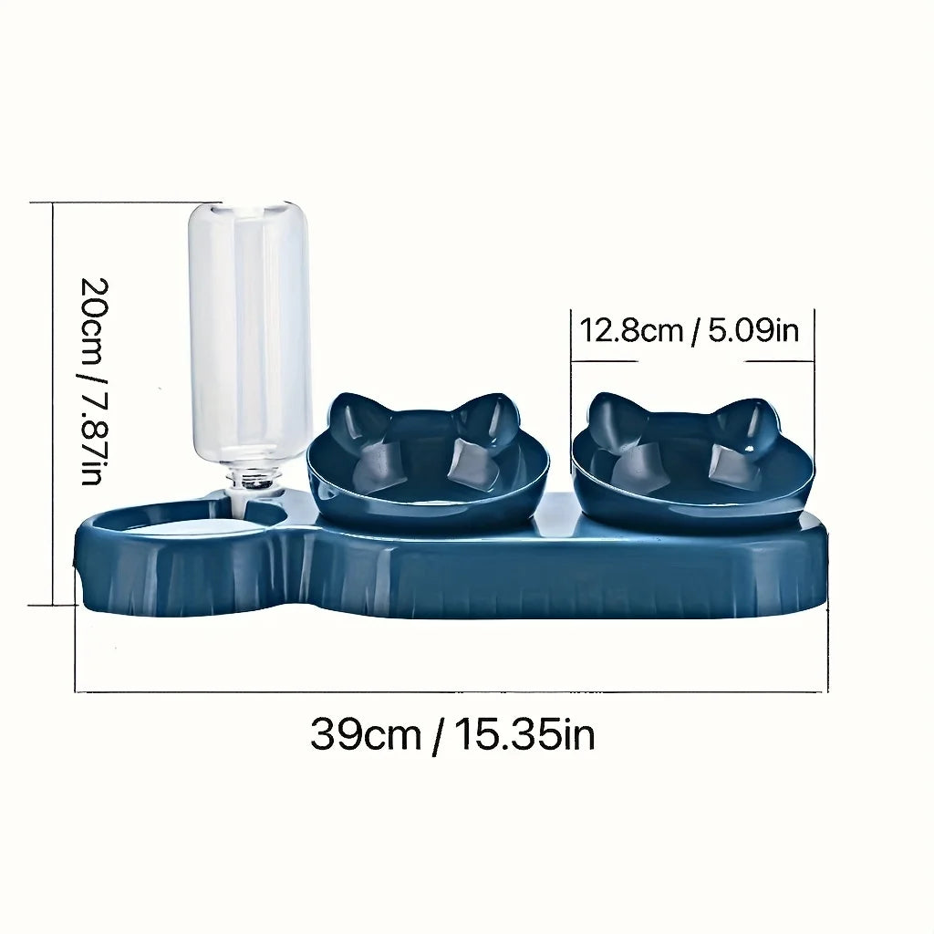 Blue pet feeding station with water bottle and bowls, shown with measurements on a white background.