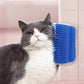 Cat using a blue self-grooming brush against a tiled wall background