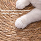 Cat paws on a woven surface with text about wear-resistance and scratch-resistance.