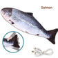 Salmon-shaped toy with a power cord on a white background