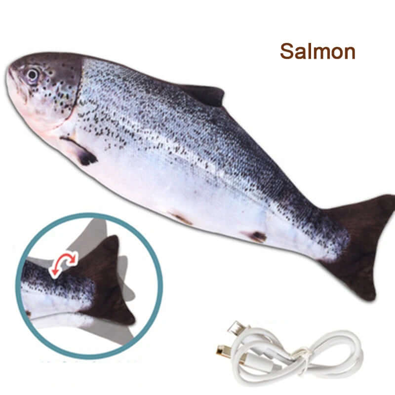 Salmon-shaped toy with a power cord on a white background