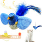 Blue feathered cat toy with music notes, a white cat looking at it, and a free light bulb and gift box offer.