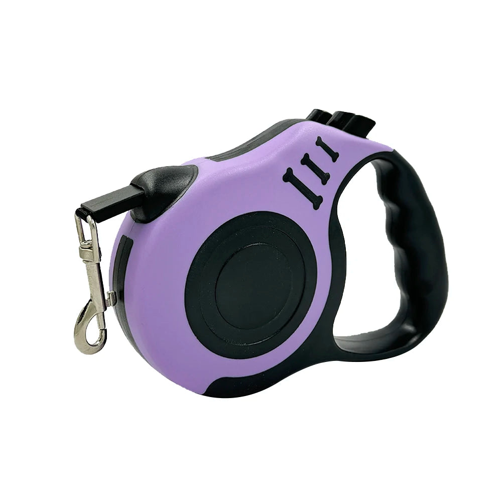 Purple and black retractable dog leash on a white background