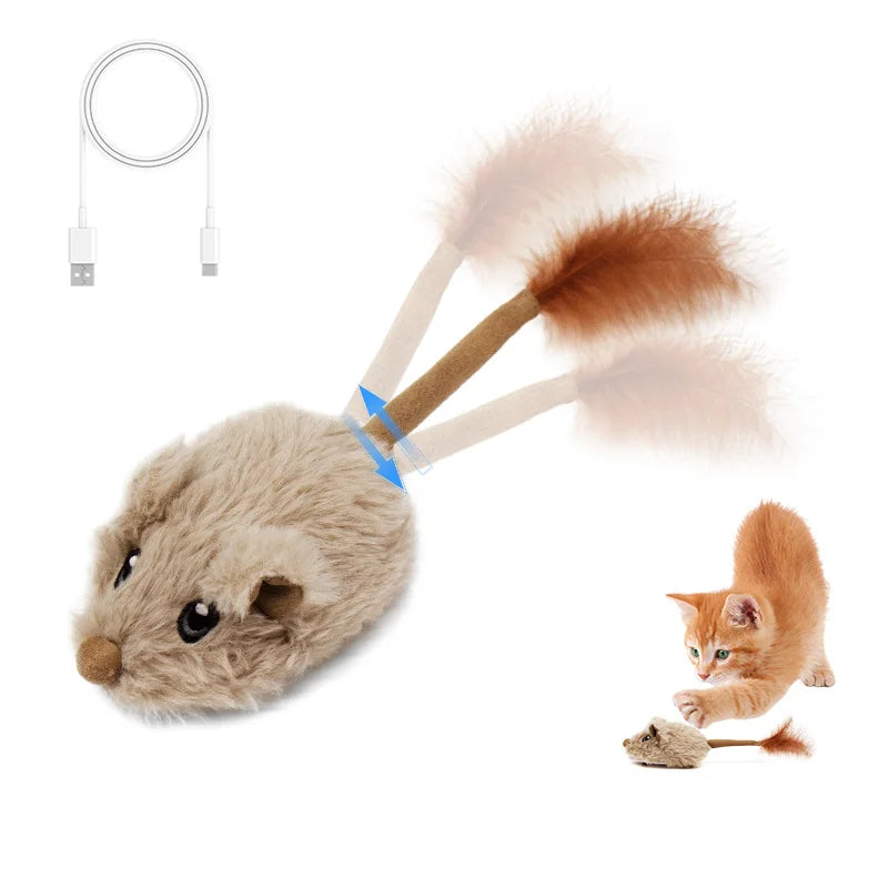 Cat toy with a USB cable and a cat playing with it on a white background
