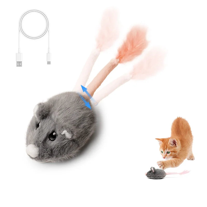 Gray cat toy resembling a mouse with a USB cable and a cat playing with it on a white background