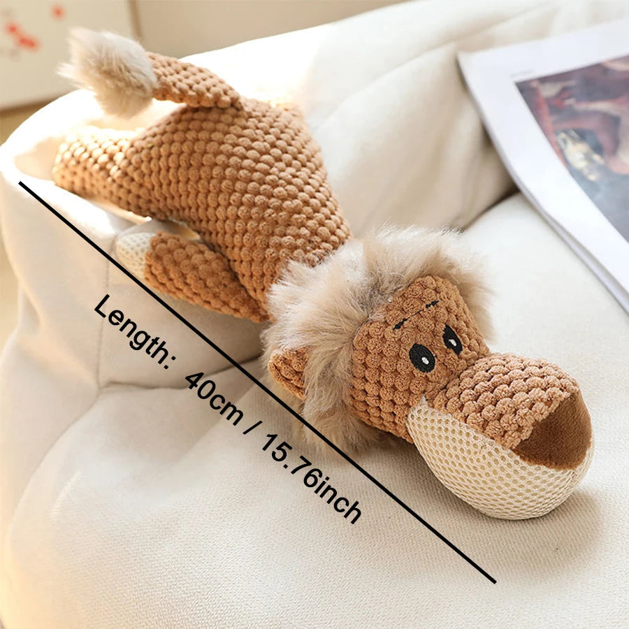 Knitted horse toy with measurements on a light-colored surface