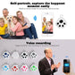 Product advertisement for a paw-shaped device with remote shutter and voice recording features, shown with family and dog.