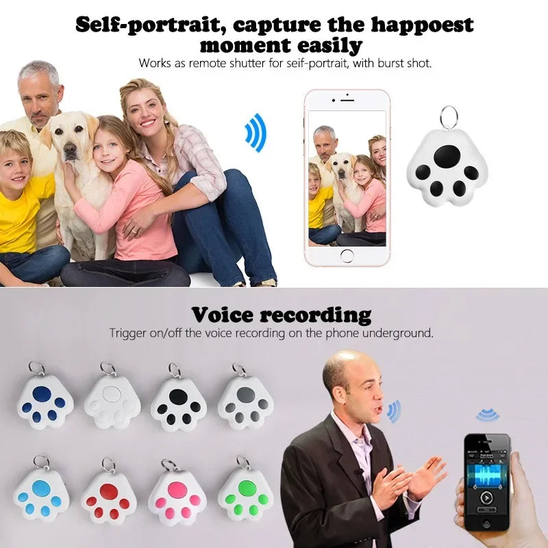 Product advertisement for a paw-shaped device with remote shutter and voice recording features, shown with family and dog.