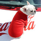 Dog wearing a red sweater in front of a Coca-Cola logo