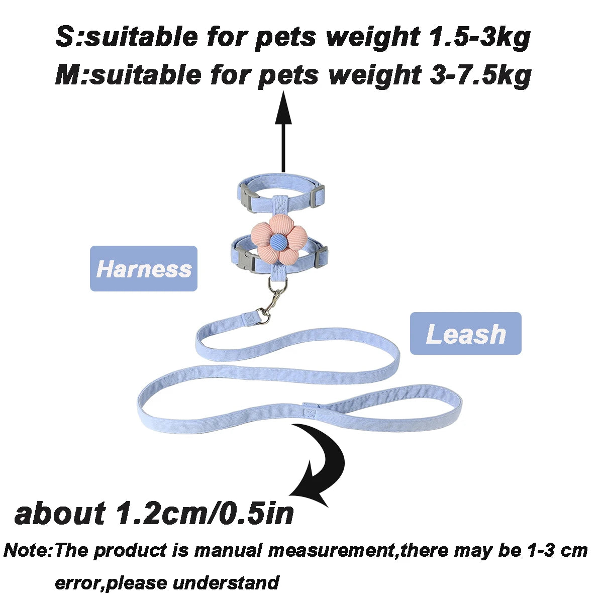 Pet harness and leash set with size chart on a white background