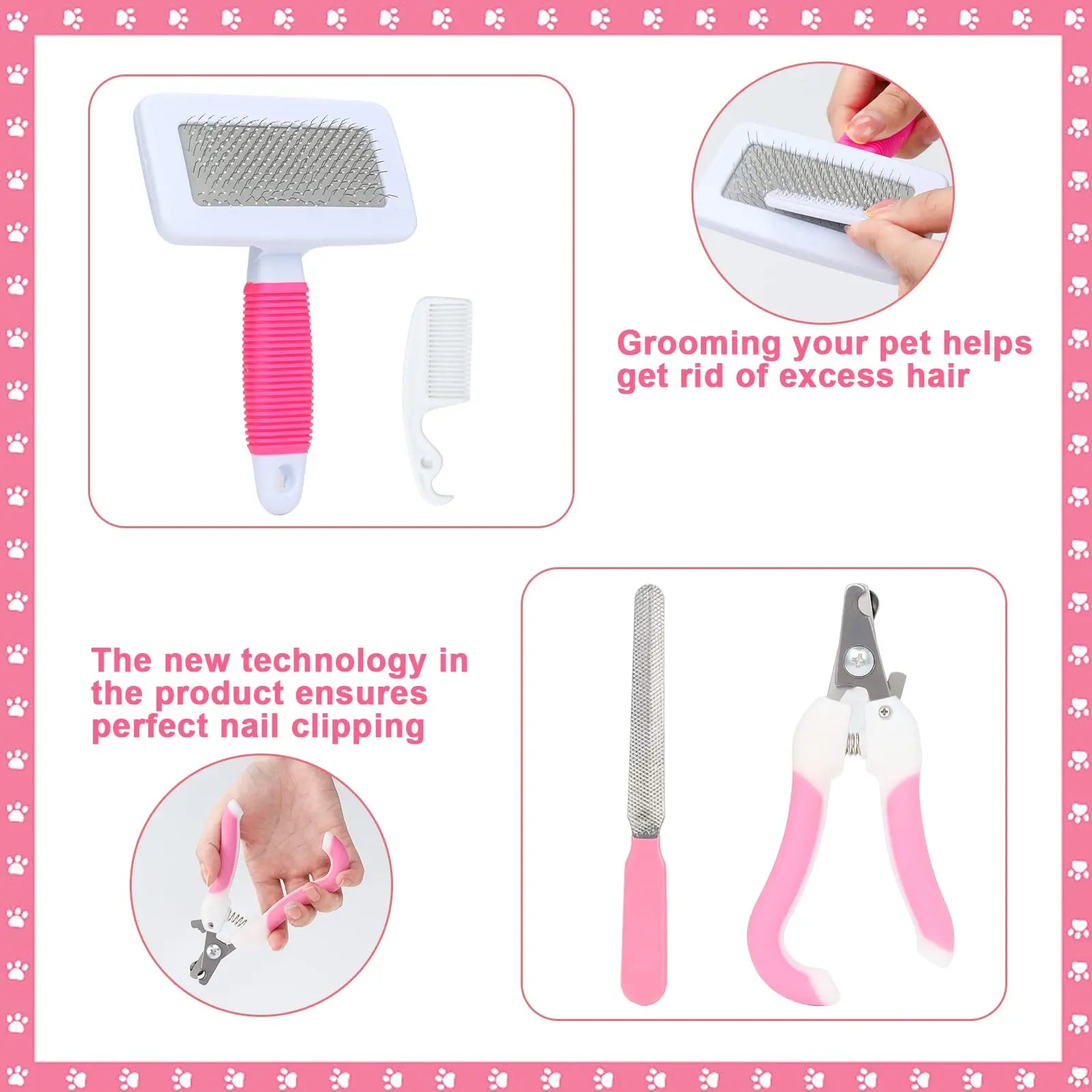 Pet grooming tools with pink handles on a pink background with paw prints.