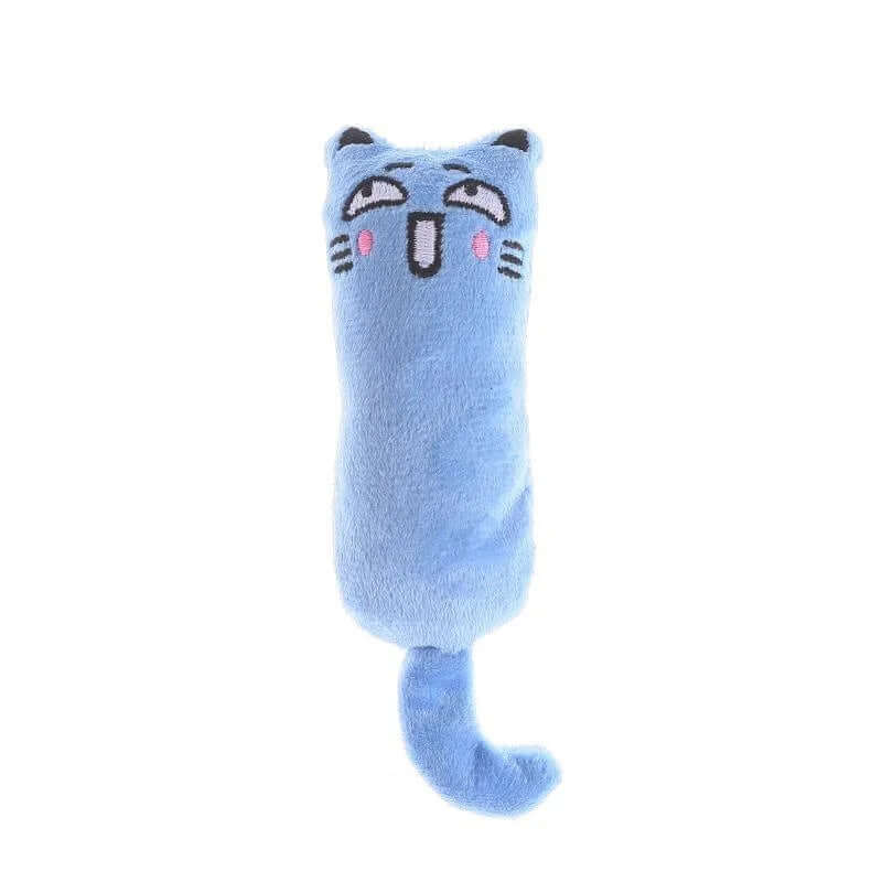 Blue cat-shaped plush toy on a white background