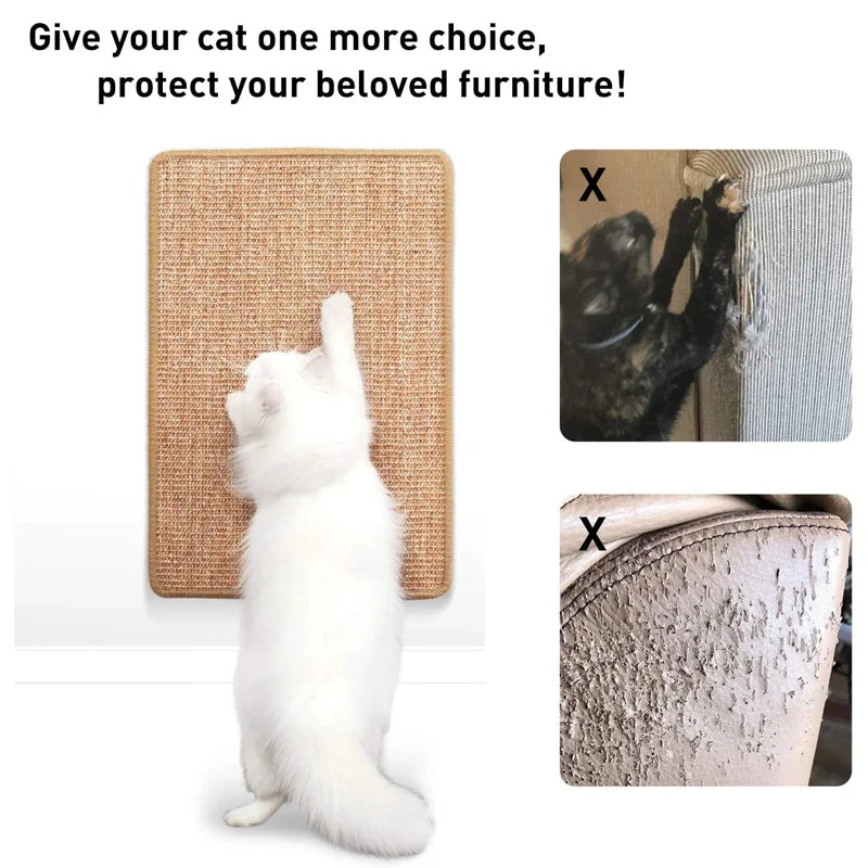 Cat scratching post with text 'Give your cat one more choice, protect your beloved furniture!' and images of a cat scratching a chair.