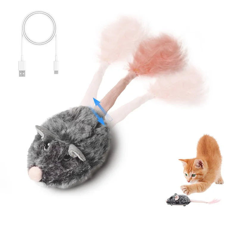 Cat toy with a USB cable and fluffy attachment, accompanied by a cat playing with a small mouse-like toy.