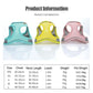 Three colorful pet harnesses with product information table on a white background