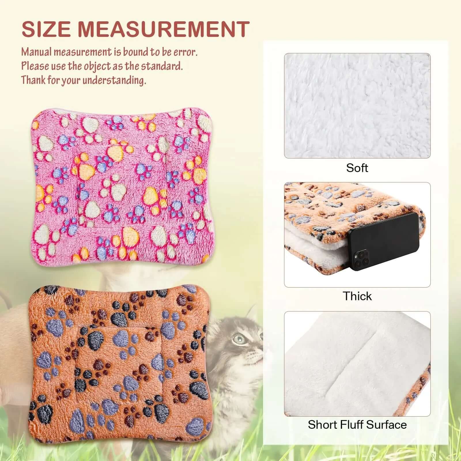 Measurement chart for a soft, thick, and short fluff surface product with paw print design.