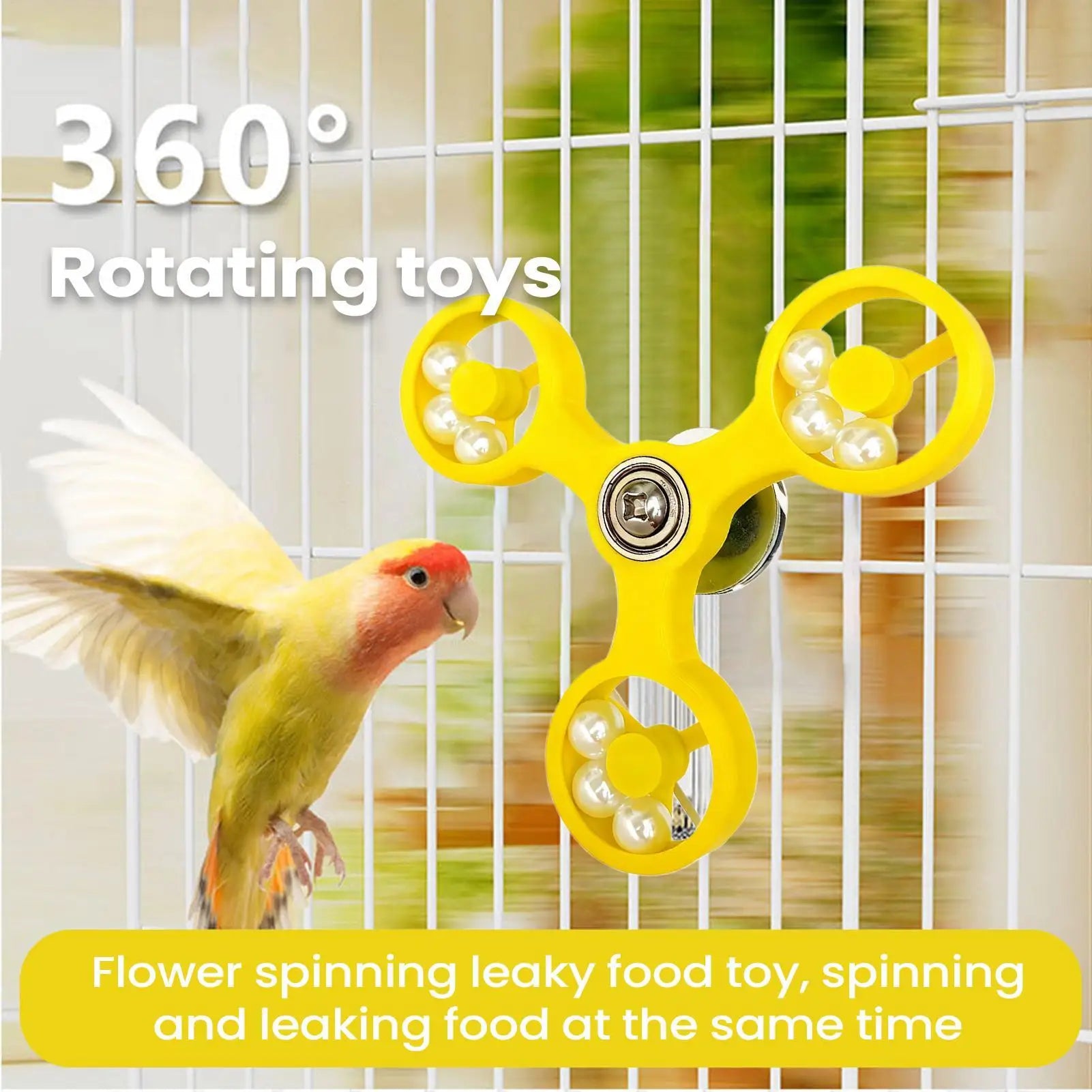 Yellow rotating toy with a parrot on a cage background