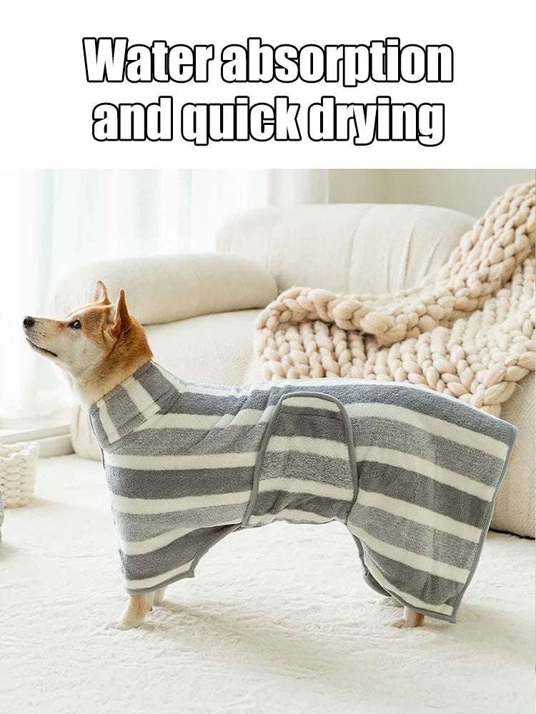 Dog wearing a striped raincoat with text 'Water absorption and quick drying' in a cozy indoor setting.
