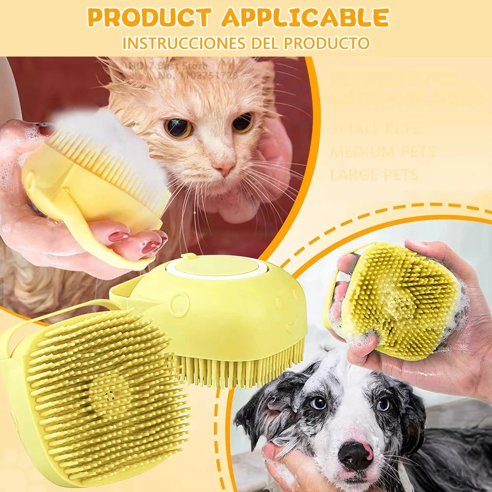 Pet grooming brush with a cat and dog on a yellow background