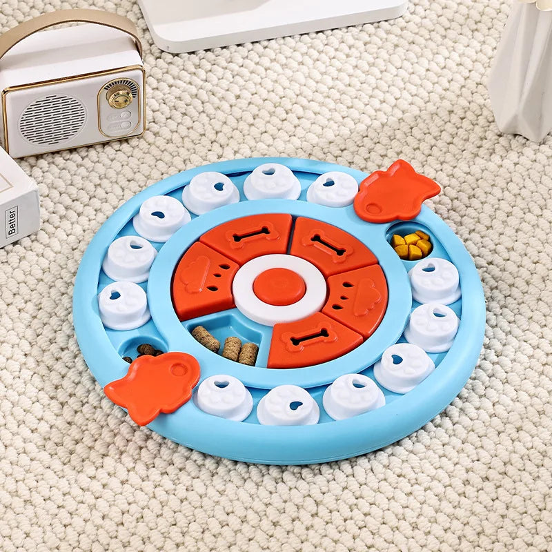 Colorful pet puzzle toy on a textured surface