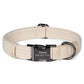 Beige dog collar with a black engraved nameplate on a white background