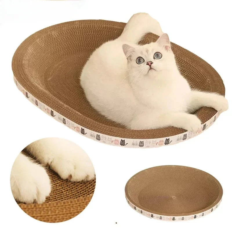 Cat lying on a round cat scratcher with additional views of the product.