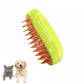 Green pet grooming brush with orange bristles on a white background, featuring a cat and dog illustration.