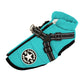 Turquoise dog harness with black straps on a white background