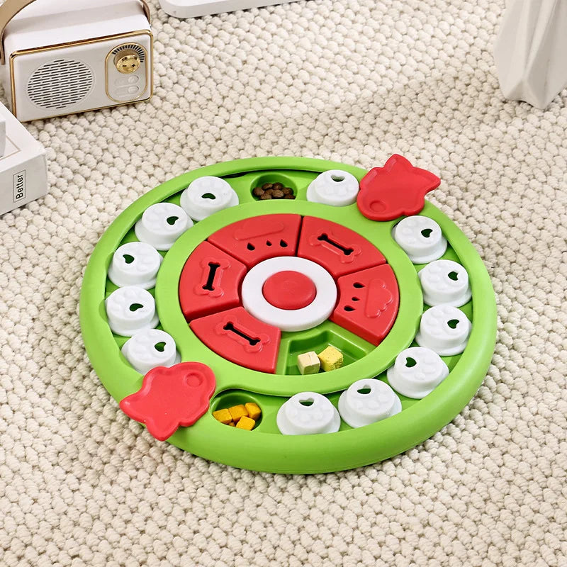 Round green and red puzzle toy on a beige carpet