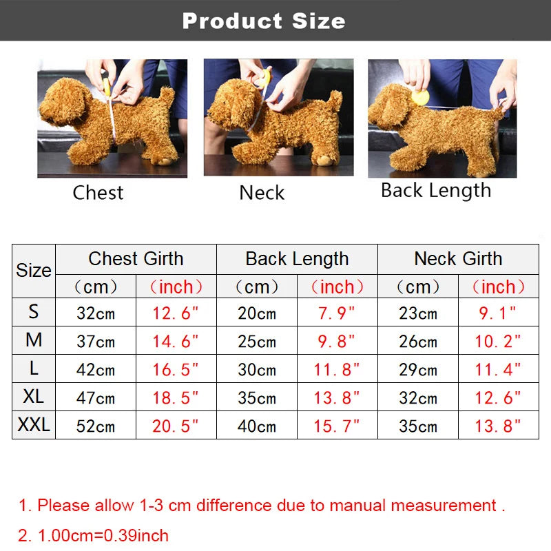 Product size chart for a dog coat with measurements in centimeters and inches.