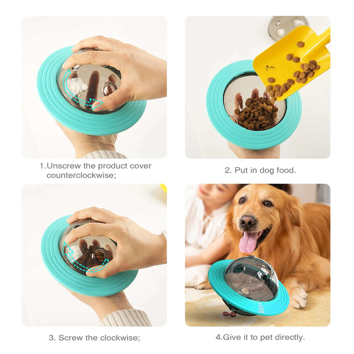 Step-by-step guide on using a pet food container with a lid.