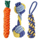 Three colorful rope toys including a carrot-shaped toy on a white background