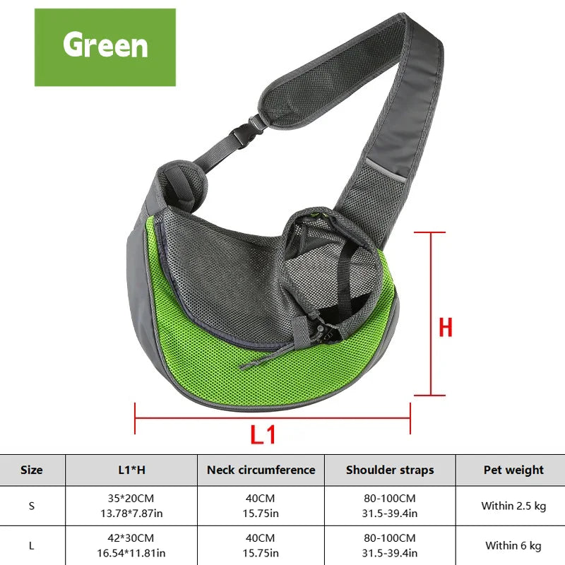 Green and gray pet sling with measurements and size chart on a white background