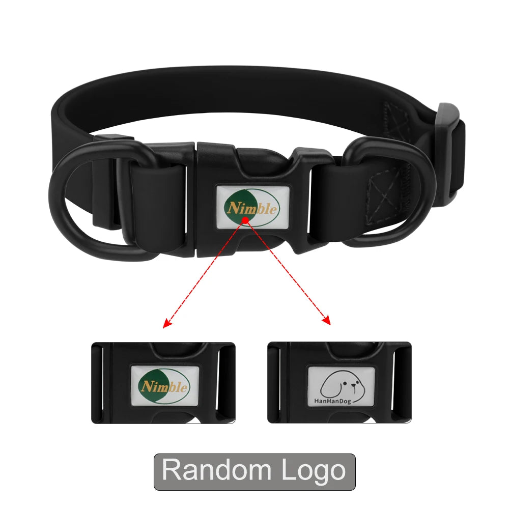 Black dog collar with a branded tag on a white background