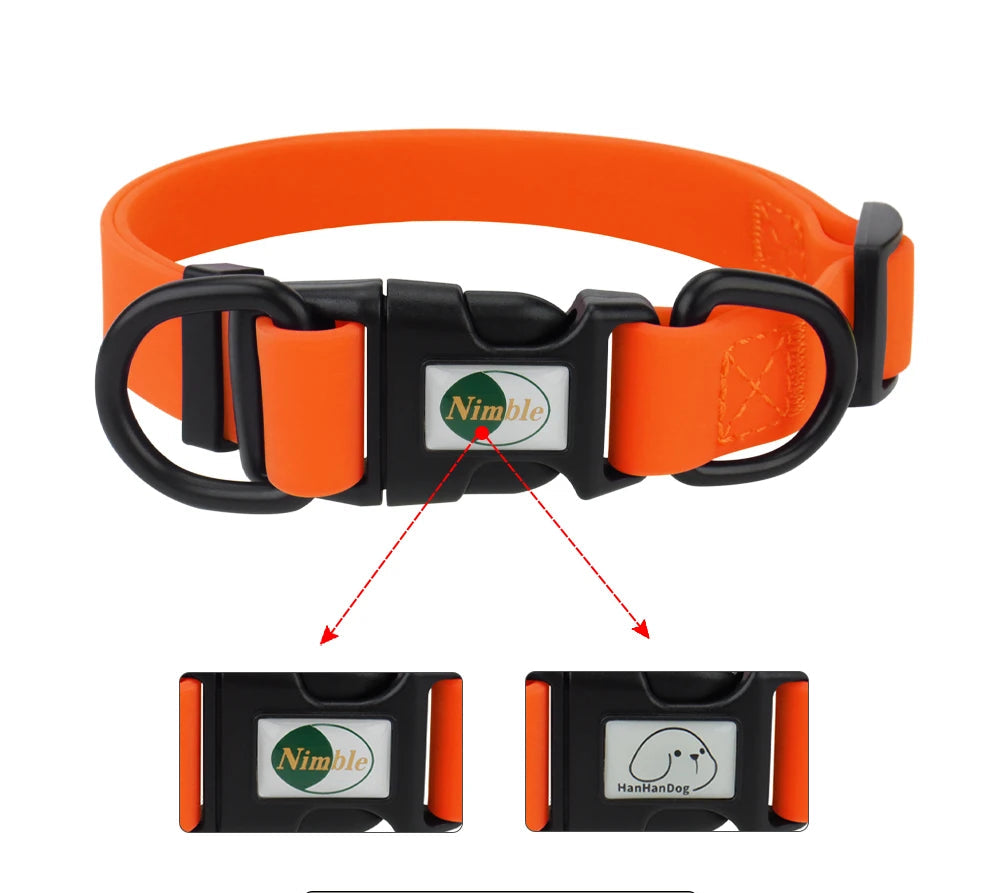 Orange dog collar with black buckle and Nimble logo on a white background