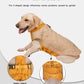 Dog wearing a beige and orange anti-peeing design product with text explaining its features.